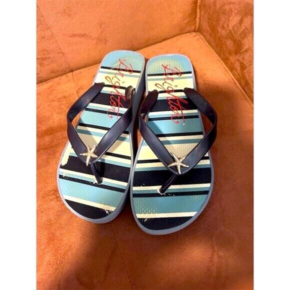 Brighton Women's Size 8 Navy Wedge Flip Flops Starfish Adornment - Picture 1 of 7